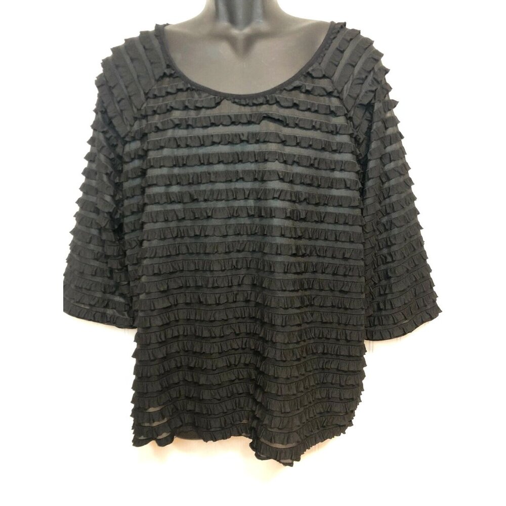 Moa Moa Black Ruffle Textured 3/4 Sleeve Top Womens XL